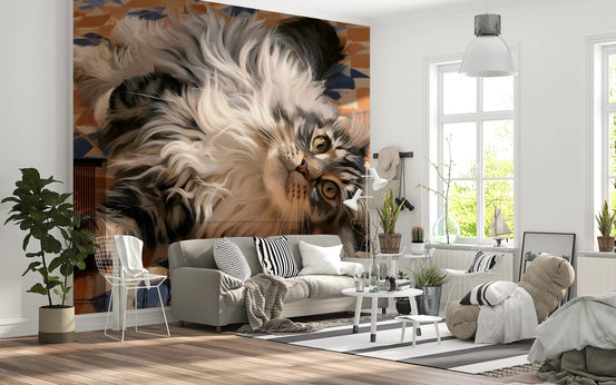 Cat wallpaper of a fluffy tabby on Mediterranean tiles in a bright Scandi living room GD13123