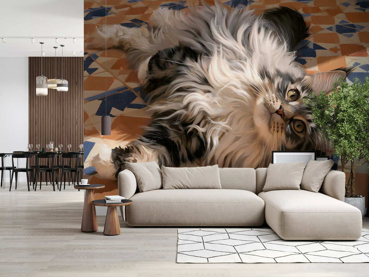 Resting Fluffy Tabby on Mediterranean Tiles Wall Mural