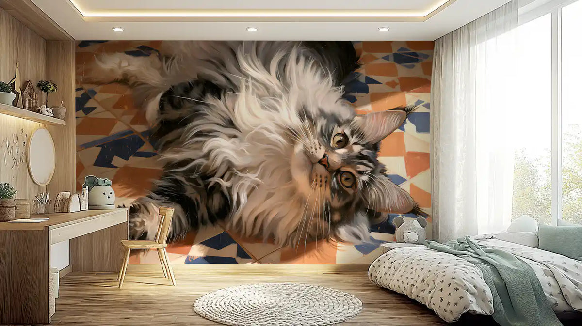 Resting Fluffy Tabby on Mediterranean Tiles Wall Mural