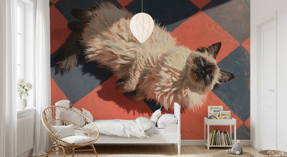 Sunlit Ragdoll on Checkered Tile Wall Mural