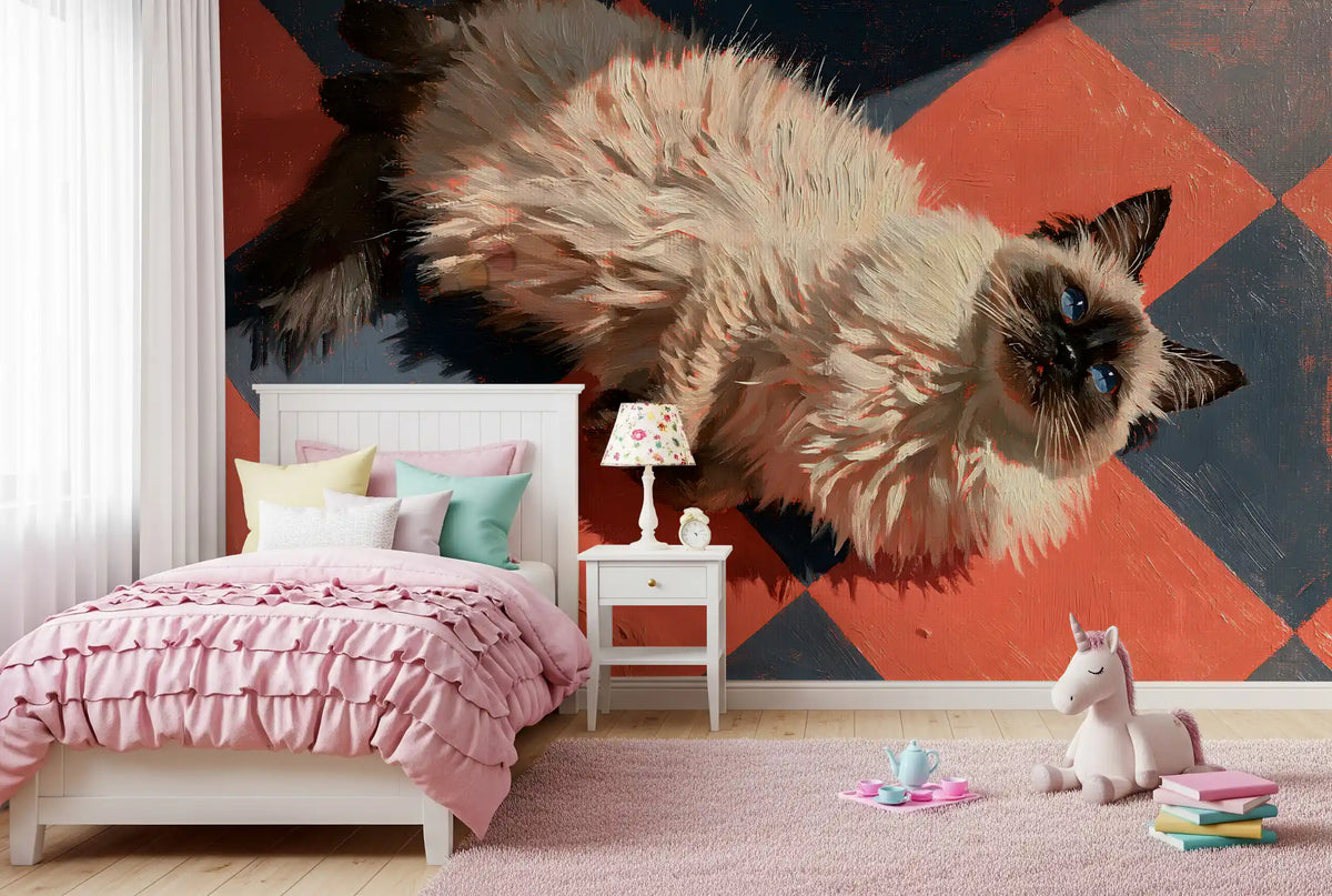Sunlit Ragdoll on Checkered Tile Wall Mural