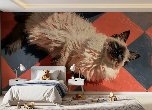Sunlit Ragdoll on Checkered Tile Wall Mural