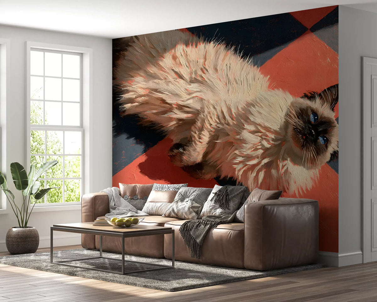 Sunlit Ragdoll on Checkered Tile Wall Mural