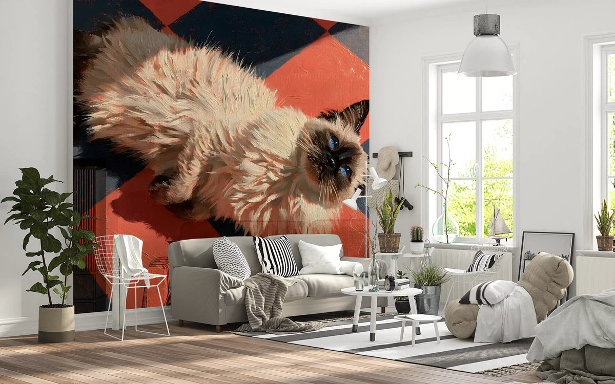 Sunlit Ragdoll on Checkered Tile Wall Mural