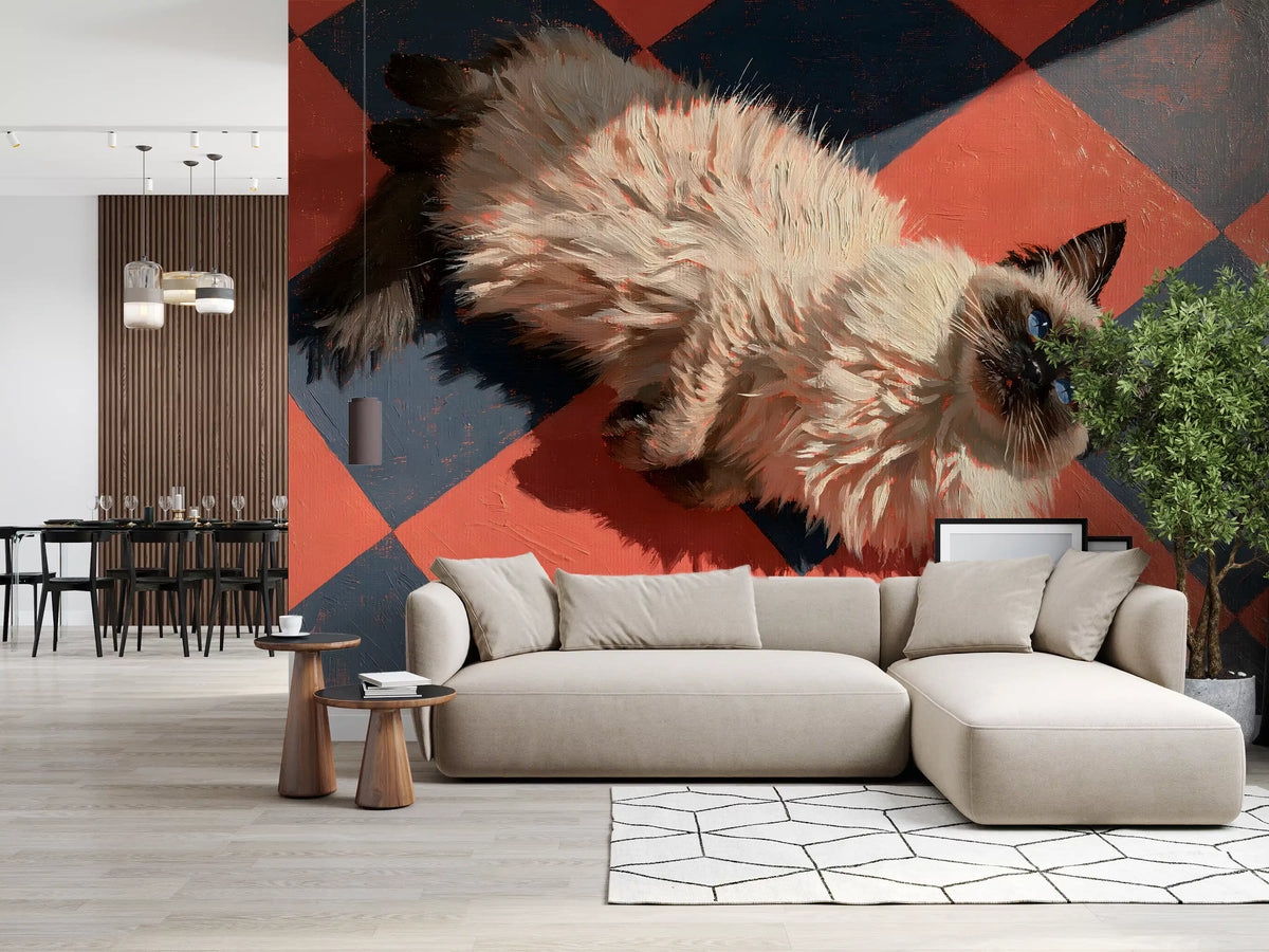 Sunlit Ragdoll on Checkered Tile Wall Mural