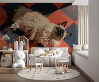 Sunlit Ragdoll on Checkered Tile Wall Mural