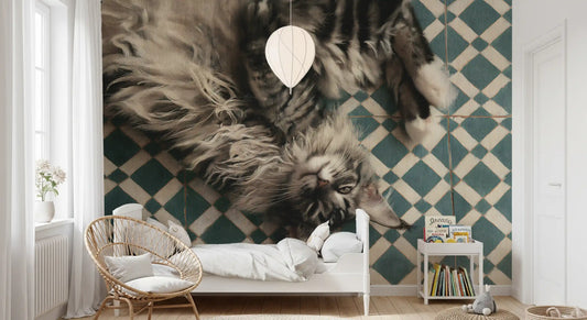 Resting Maine Coon on Geometric Tile Wall Mural
