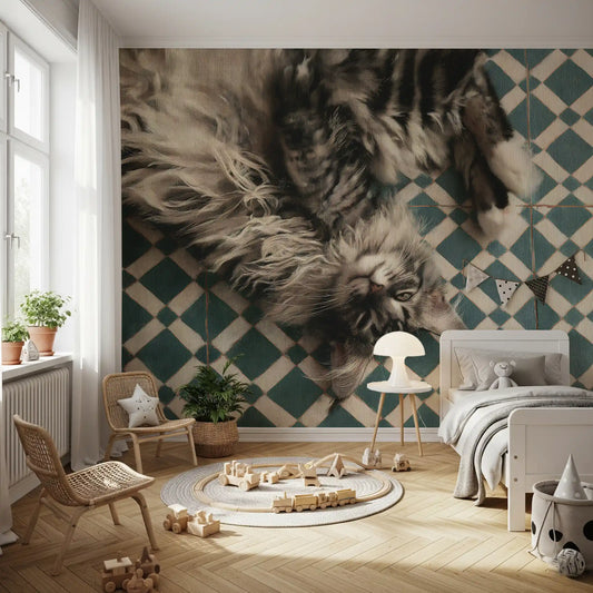 Resting Maine Coon on Geometric Tile Wall Mural