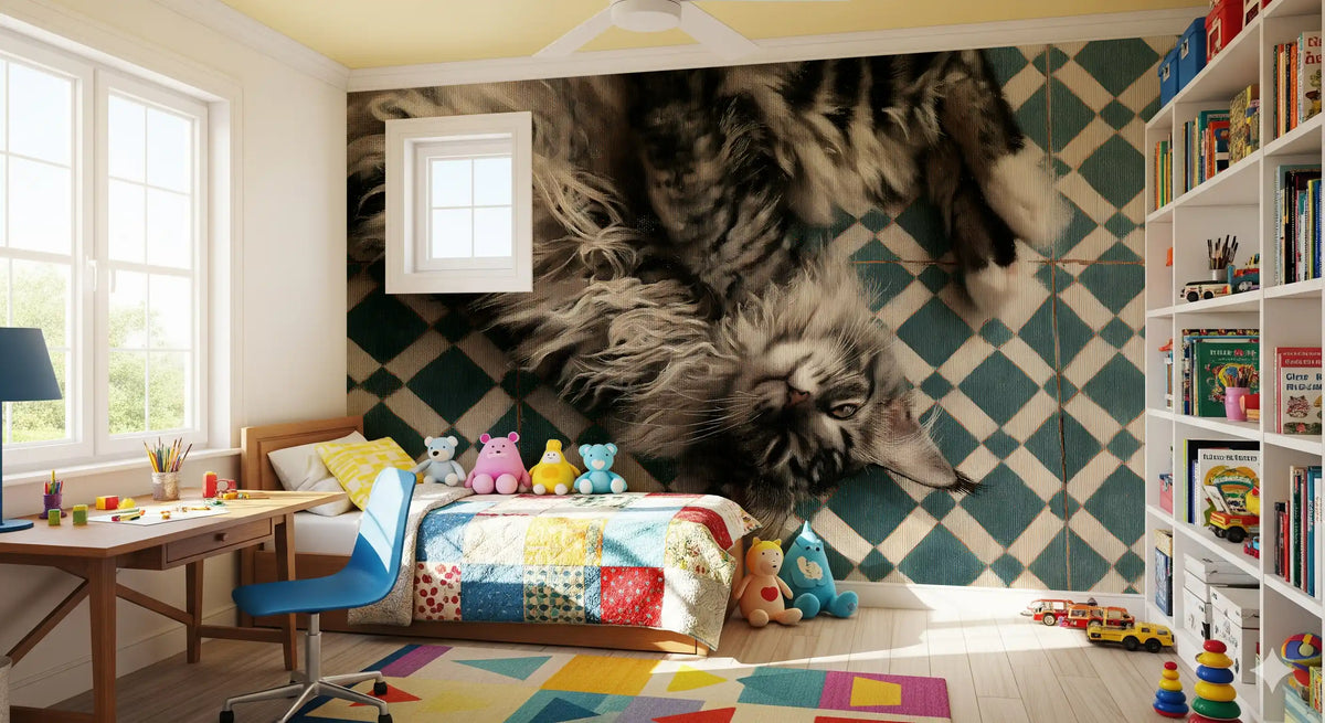 Resting Maine Coon on Geometric Tile Wall Mural