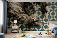 Resting Maine Coon on Geometric Tile Wall Mural