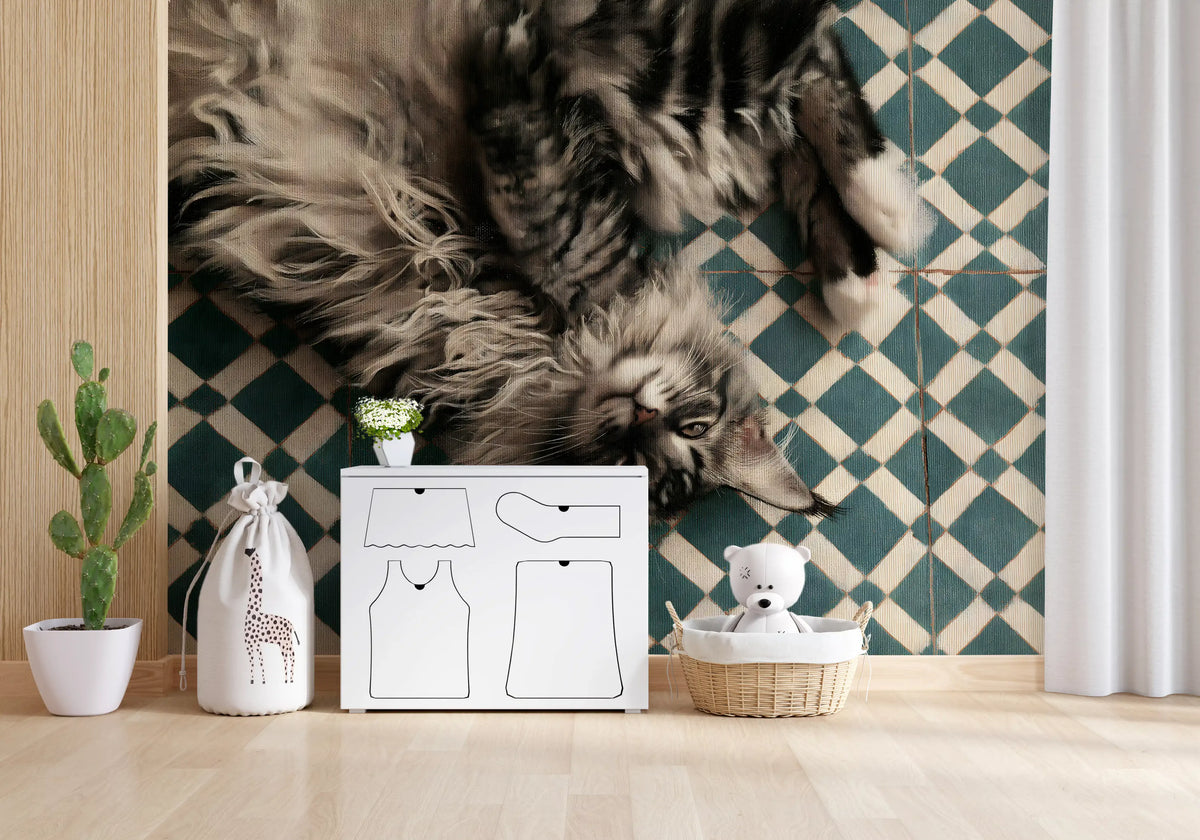 Resting Maine Coon on Geometric Tile Wall Mural