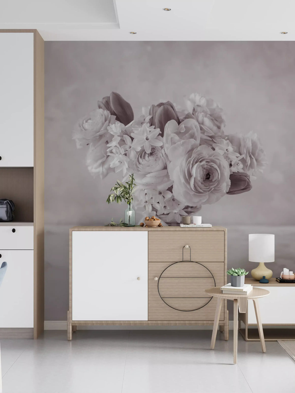Sepia floral mural behind a white and oak sideboard with a small lamp and side table GD13131