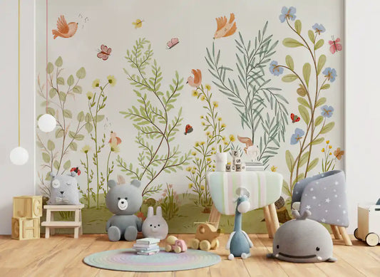 Enchanted Meadow Botanical Scene Wall Mural