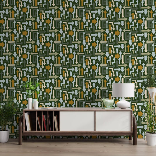 Walnut and white media console with lamp in front of a green arrow print wall GD13183