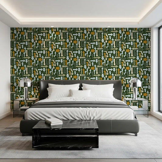 Bedroom with dark leather bed and black marble bench against geometric wallpaper GD13183