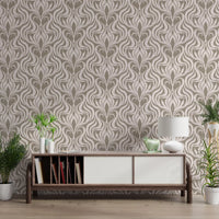 Cream and Beige Botanical Damask Wallpaper⁠