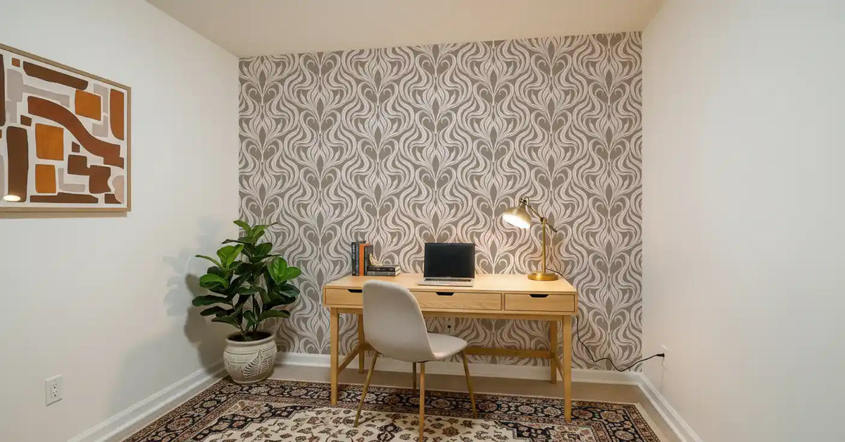 Cream and Beige Botanical Damask Wallpaper⁠