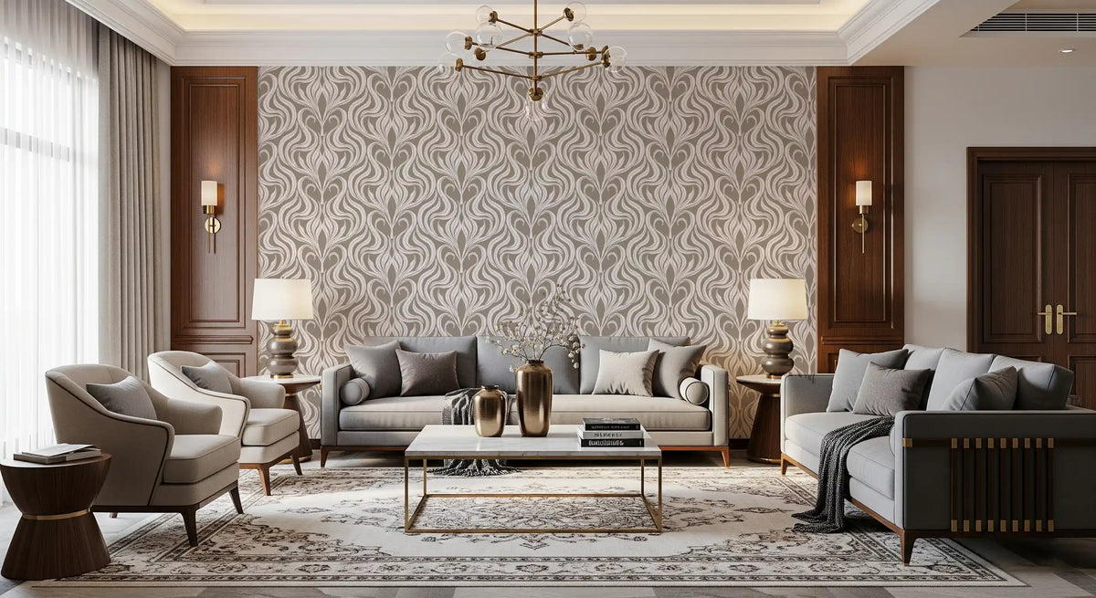 Cream and Beige Botanical Damask Wallpaper⁠