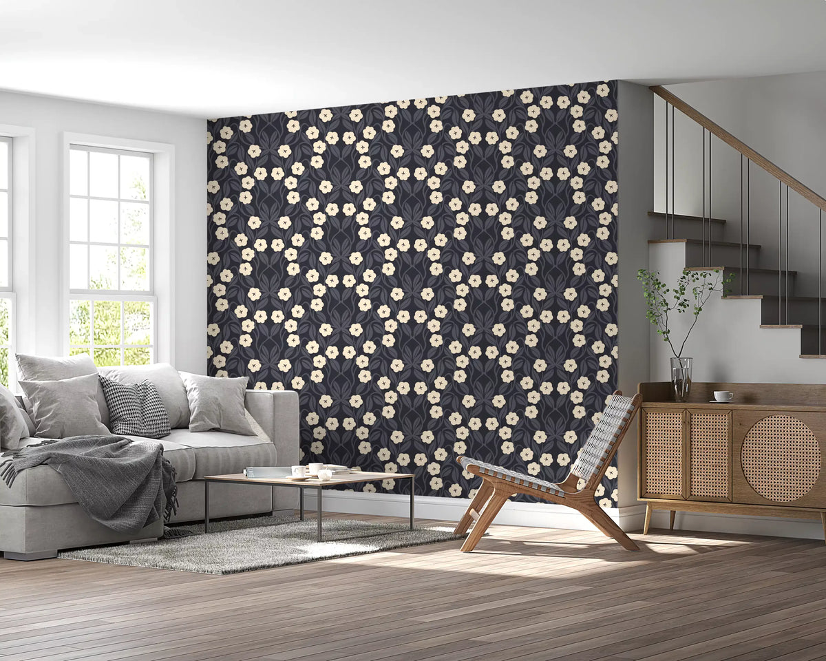 Minimalist Charcoal Floral Symmetry Wallpaper⁠