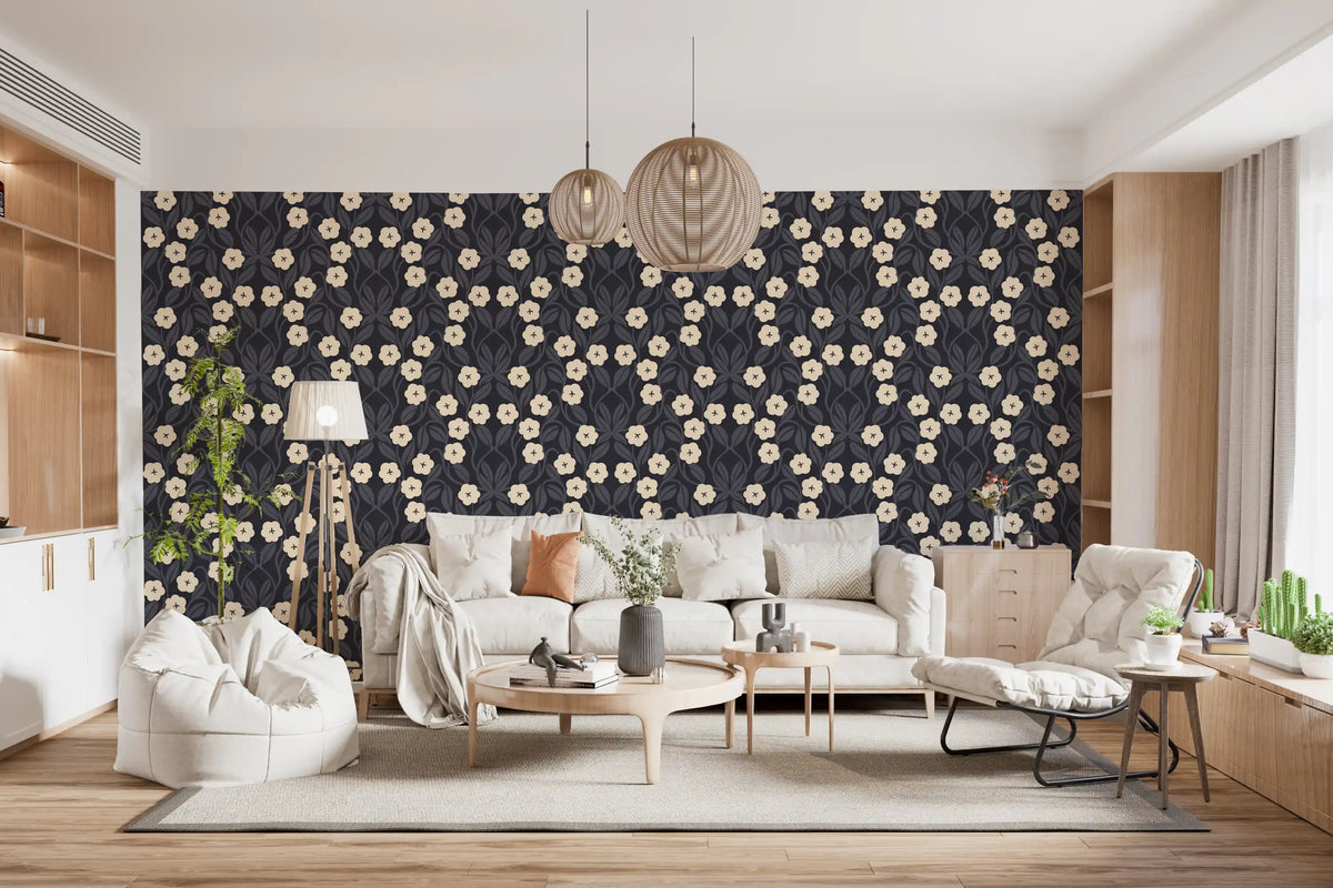 Minimalist Charcoal Floral Symmetry Wallpaper⁠