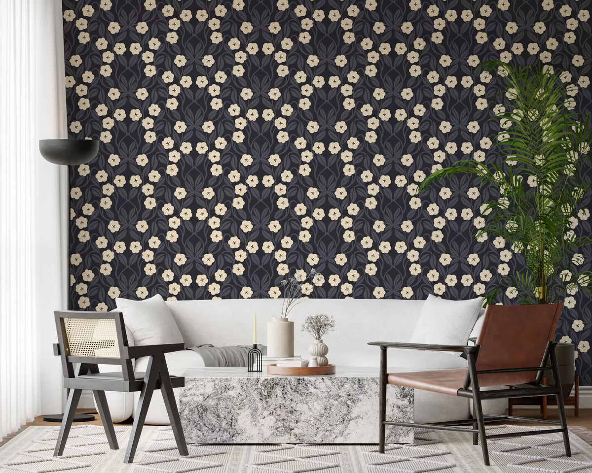 Minimalist Charcoal Floral Symmetry Wallpaper⁠