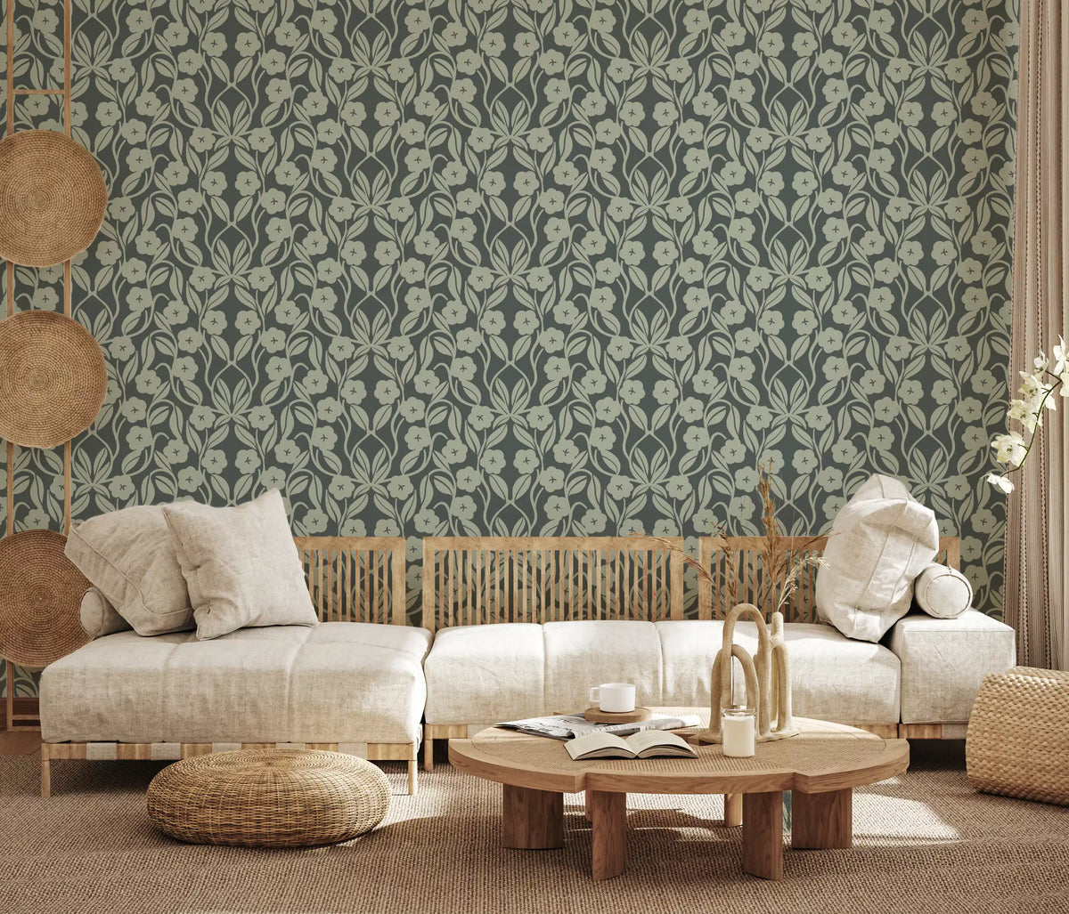Sage Botanical Scroll Damask Wallpaper⁠