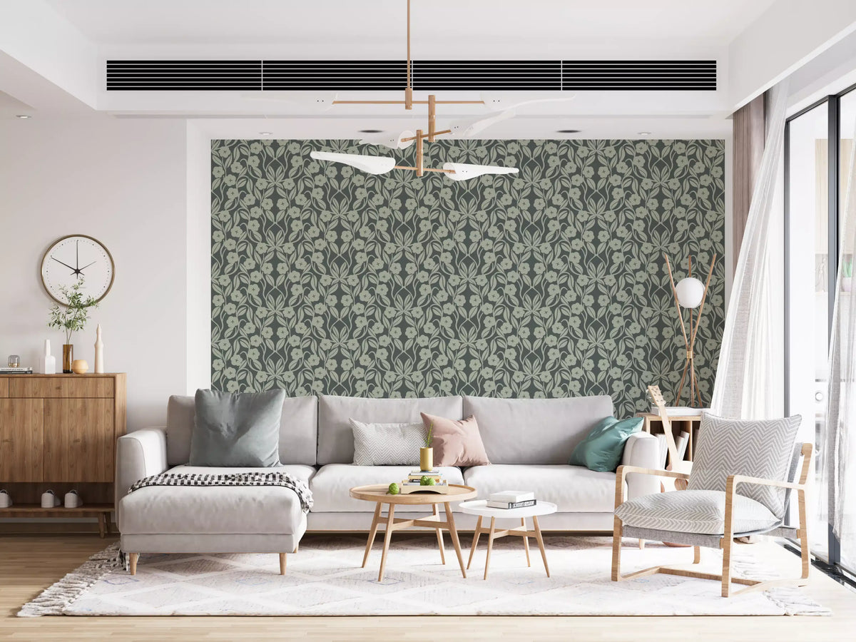 Sage Botanical Scroll Damask Wallpaper⁠