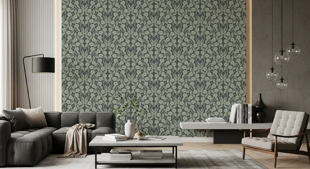 Sage Botanical Scroll Damask Wallpaper⁠