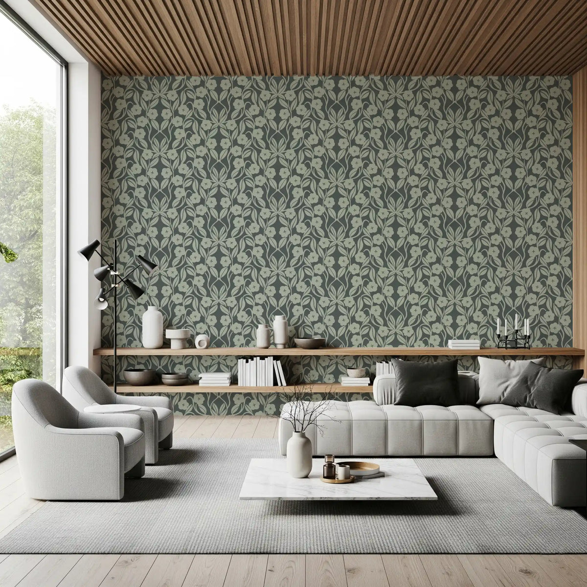 Sage Botanical Scroll Damask Wallpaper⁠