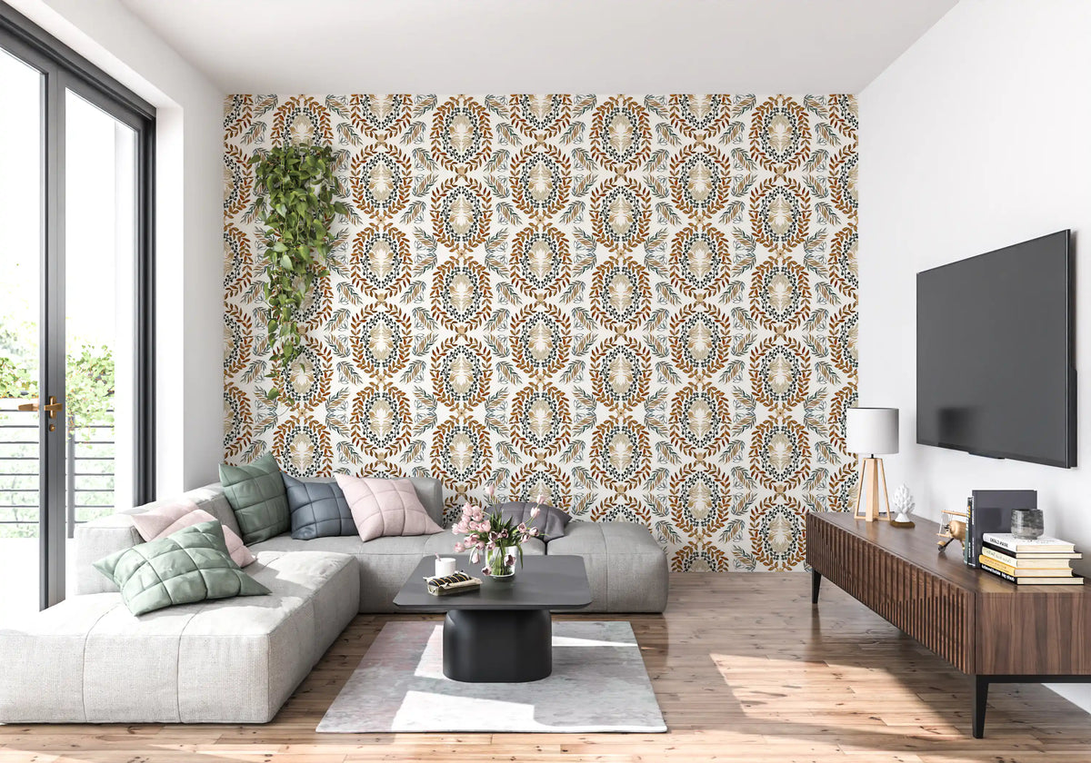 Watercolor Botanical Wreath Motif Wallpaper⁠