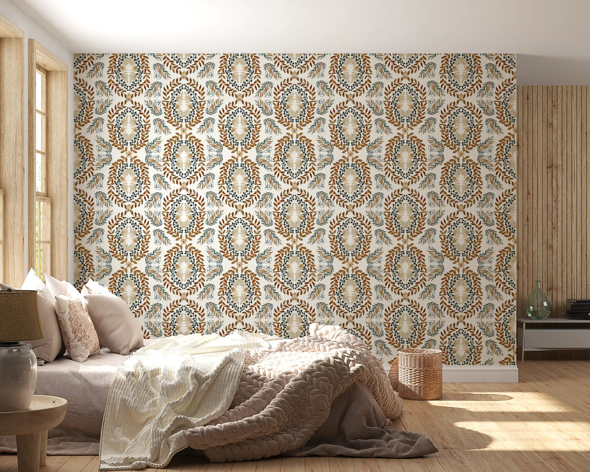 Watercolor Botanical Wreath Motif Wallpaper⁠