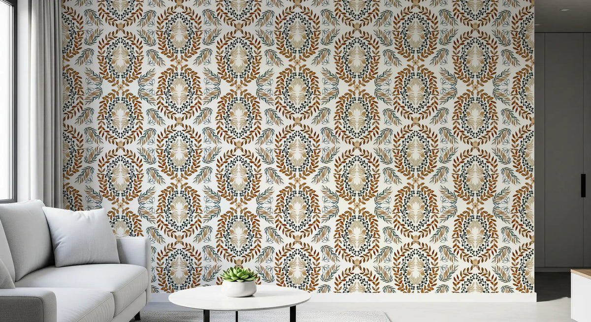 Watercolor Botanical Wreath Motif Wallpaper⁠