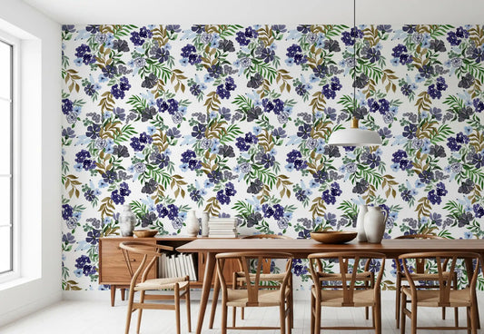 Watercolor Berry and Leaf Motif Wallpaper⁠
