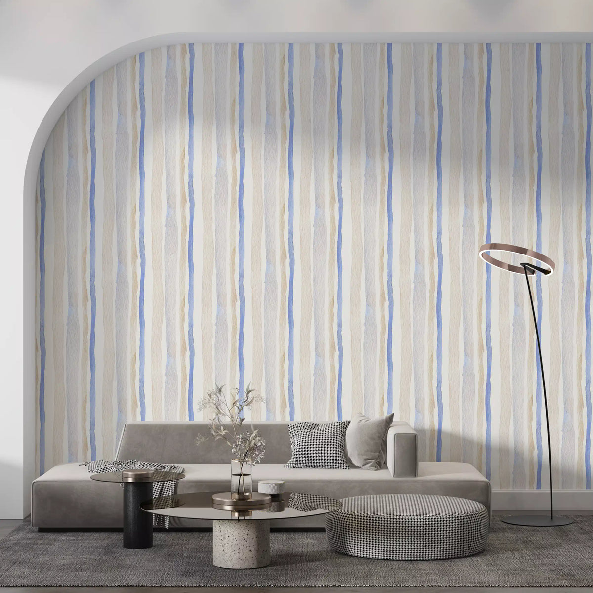 Serene Blue and Beige Watercolor Stripes Wallpaper⁠