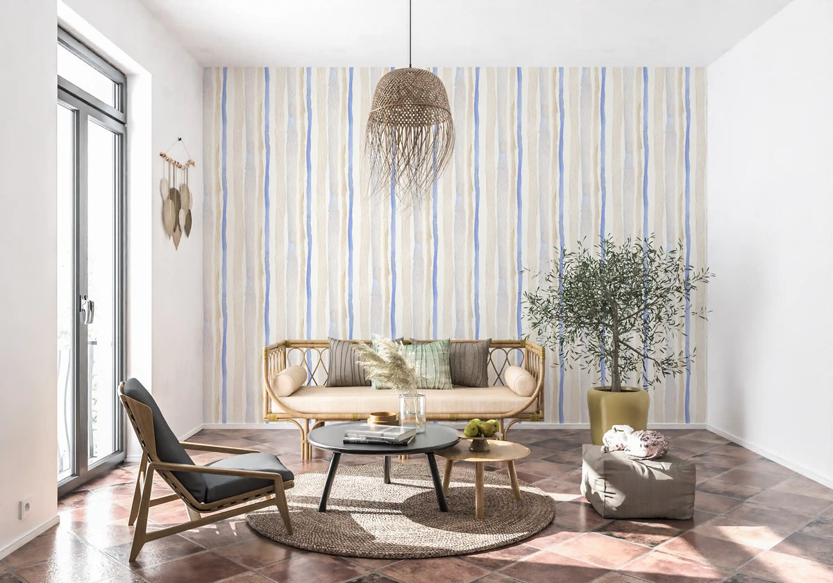 Serene Blue and Beige Watercolor Stripes Wallpaper⁠