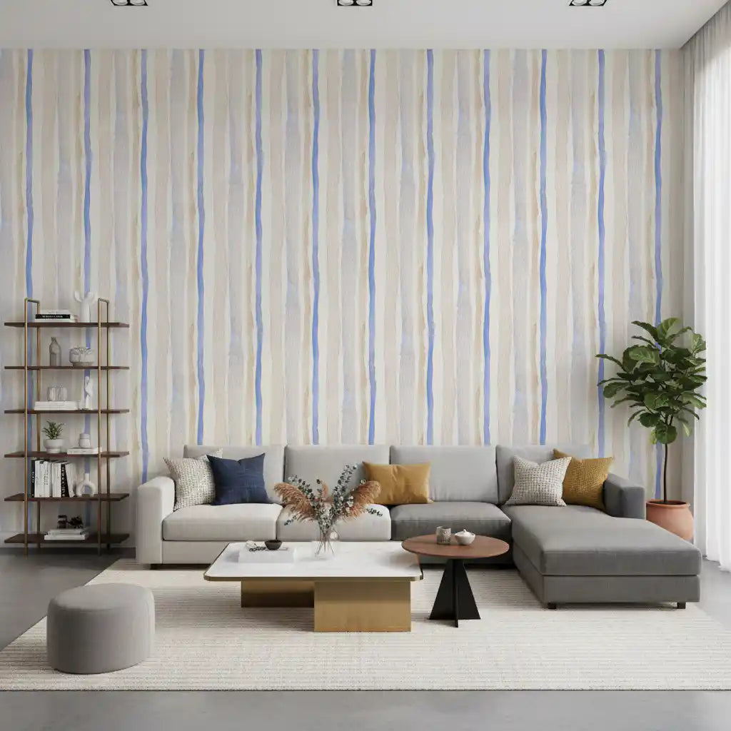 Serene Blue and Beige Watercolor Stripes Wallpaper⁠