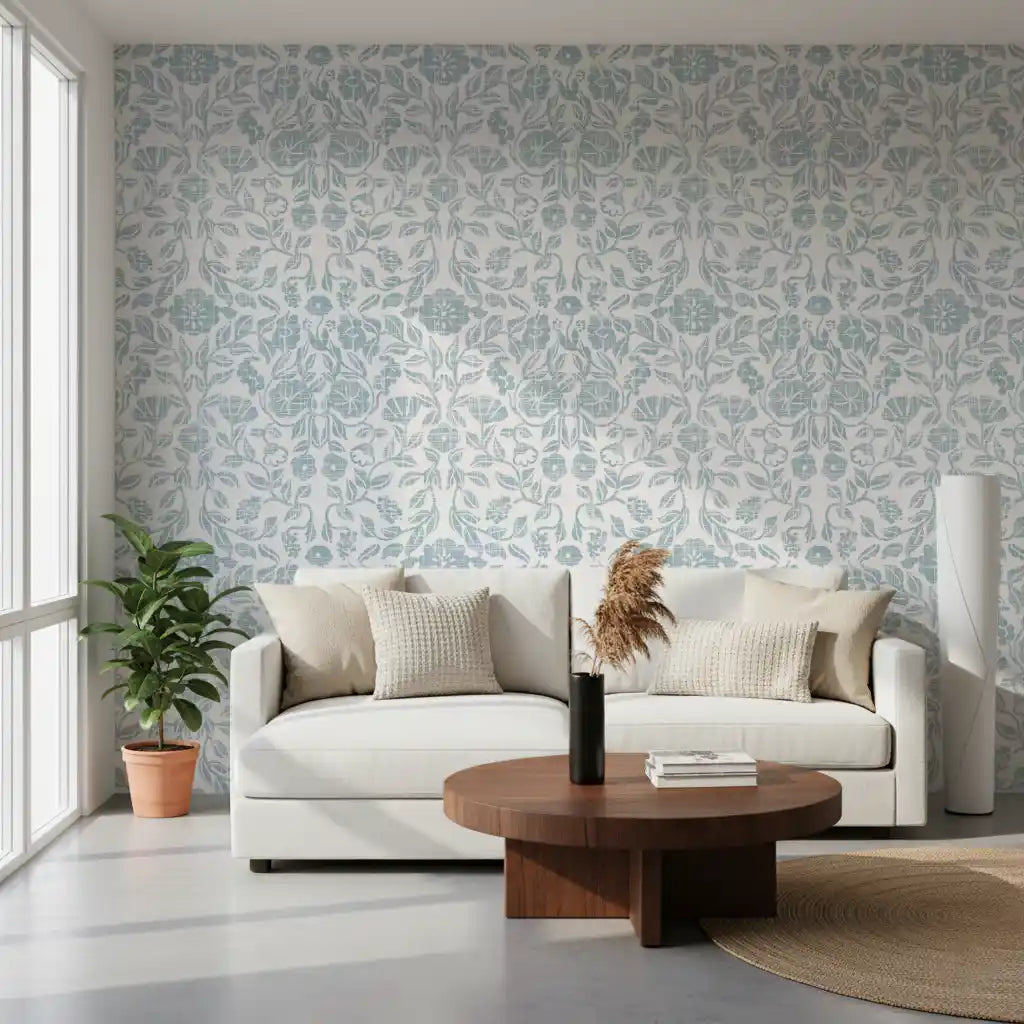 Soft Blue Botanical Damask Wallpaper⁠