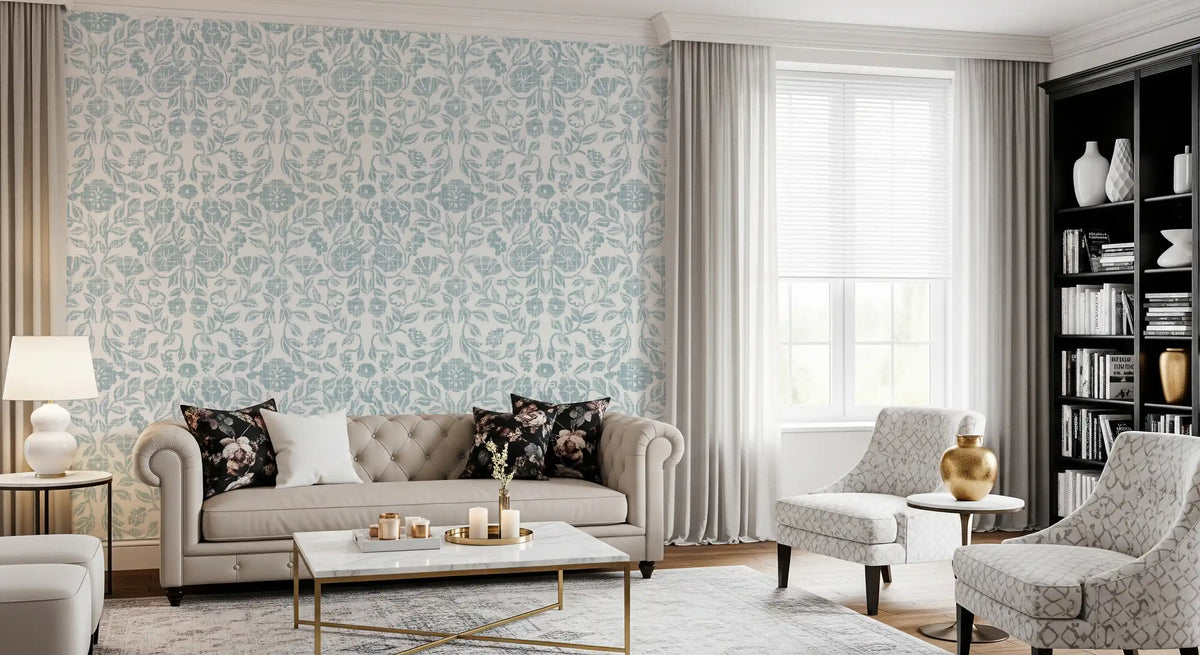 Soft Blue Botanical Damask Wallpaper⁠