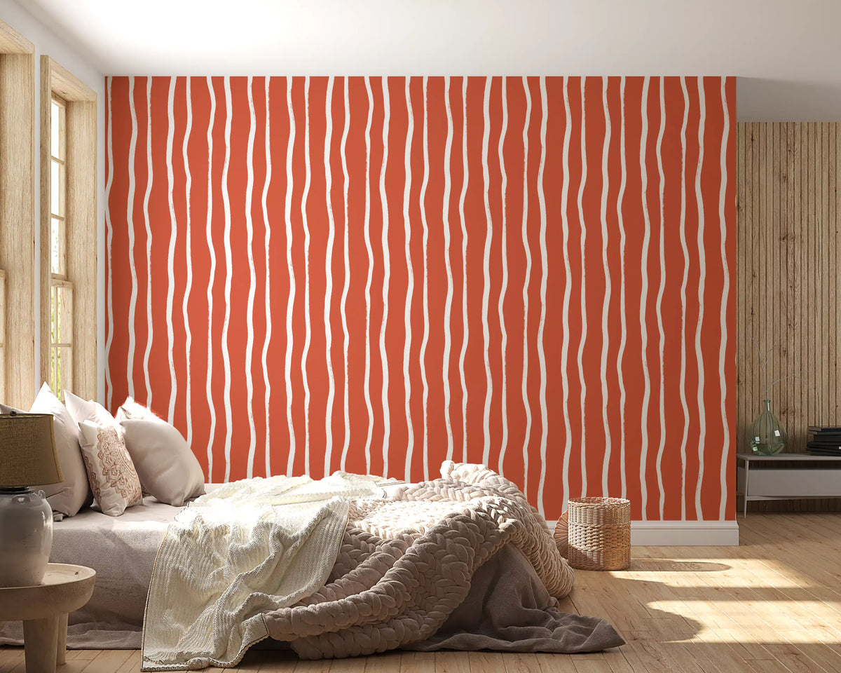 Minimalist Terracotta and White Linear Pattern Wallpaper⁠