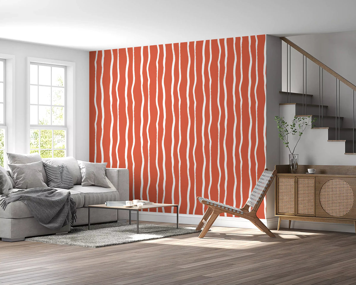 Minimalist Terracotta and White Linear Pattern Wallpaper⁠