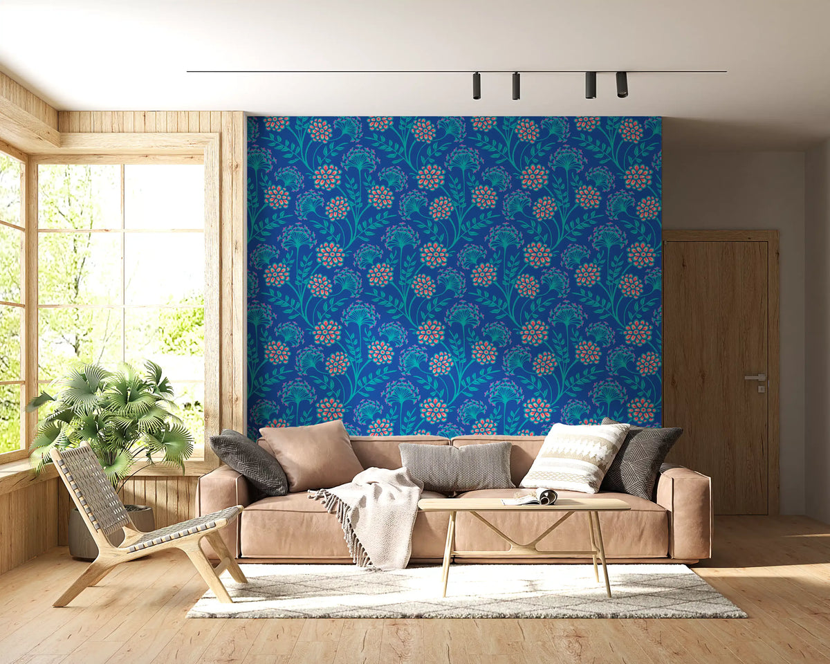 Danube Retro Vintage Floral Zinnia Cow Parsley in Turquoise Royal Blue Wallpaper⁠