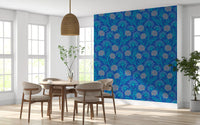 Danube Retro Vintage Floral Zinnia Cow Parsley in Turquoise Royal Blue Wallpaper⁠