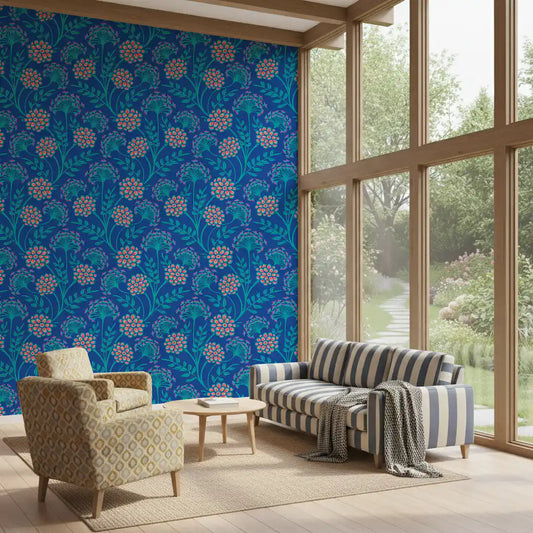 Danube Retro Vintage Floral Zinnia Cow Parsley in Turquoise Royal Blue Wallpaper⁠
