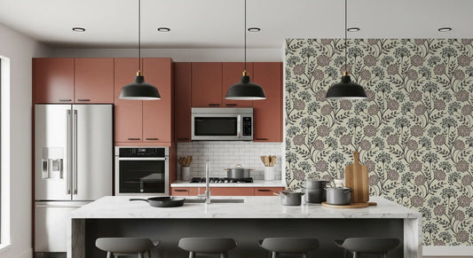 Danube Retro Vintage Floral Zinnia Cow Parsley in Charcoal Ecru Wallpaper⁠