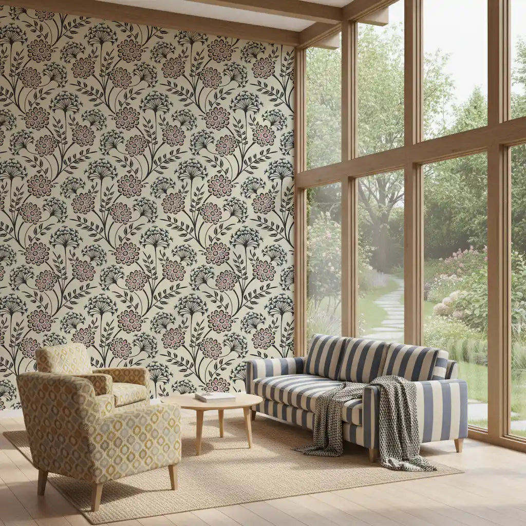 Danube Retro Vintage Floral Zinnia Cow Parsley in Charcoal Ecru Wallpaper⁠