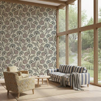 Danube Retro Vintage Floral Zinnia Cow Parsley in Charcoal Ecru Wallpaper⁠