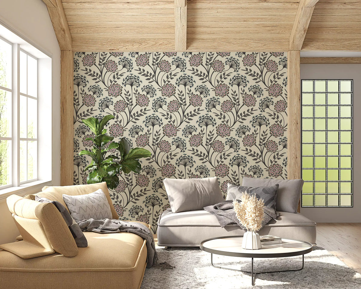 Danube Retro Vintage Floral Zinnia Cow Parsley in Charcoal Ecru Wallpaper⁠
