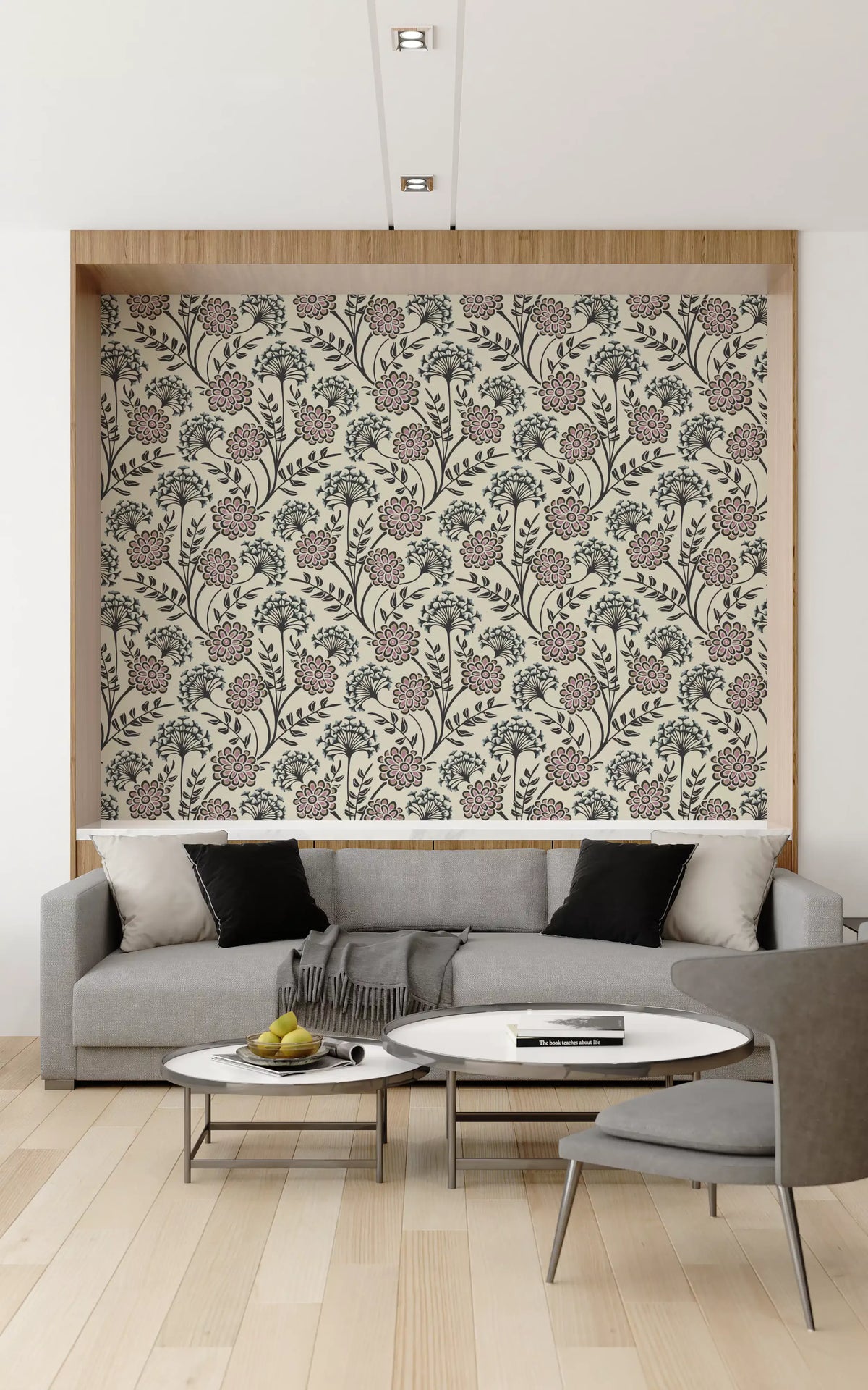 Danube Retro Vintage Floral Zinnia Cow Parsley in Charcoal Ecru Wallpaper⁠