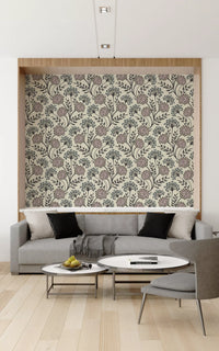 Danube Retro Vintage Floral Zinnia Cow Parsley in Charcoal Ecru Wallpaper⁠