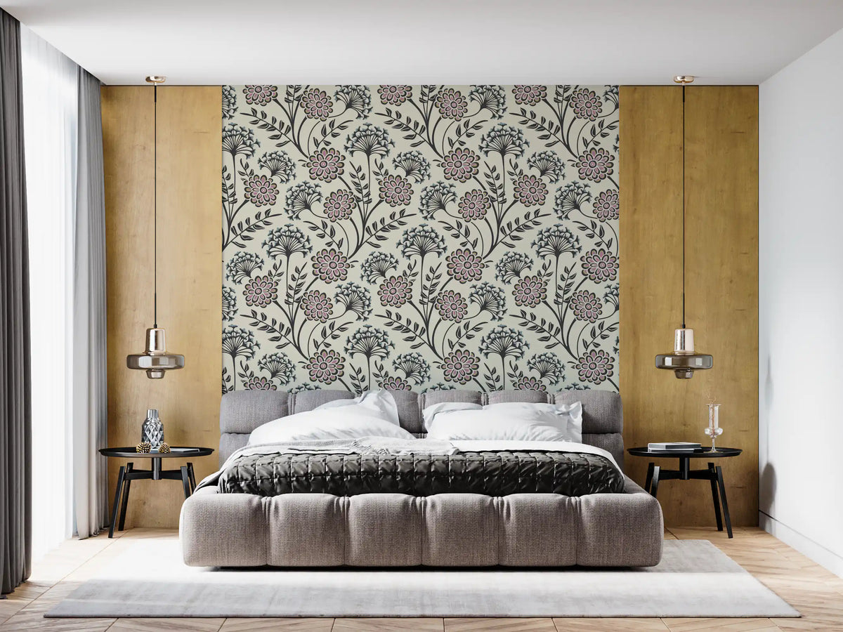Danube Retro Vintage Floral Zinnia Cow Parsley in Charcoal Ecru Wallpaper⁠